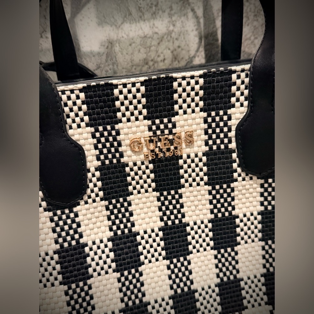 Guess Black And White Checkered Tote - Picture 3 of 10